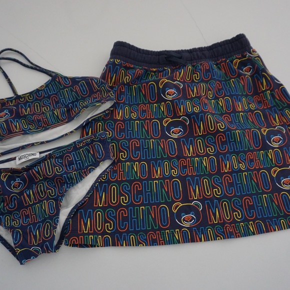 Girls Blue MOSCHINO Bikini & Matching Skirt Swimwear Logo Summer Beach - Picture 1 of 12